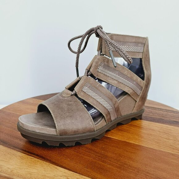 Sorel Joanie II Wedge Sandals 11 Lace Up Ash Brown Taupe NL3272-240 Leather Boho - Picture 1 of 13
